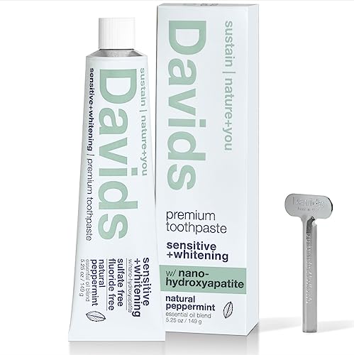 Davids Nano Hydroxyapatite Natural Toothpaste for Sensitivity, Peppermint, Fluoride Free, SLS Free, Remineralize Enamel, Gentle Whitening, Toothpaste Squeezer Included, Recyclable Metal Tube, 5.25oz